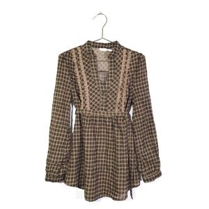 Blue Bird Lace Checkered Long Sleeve Blouse S